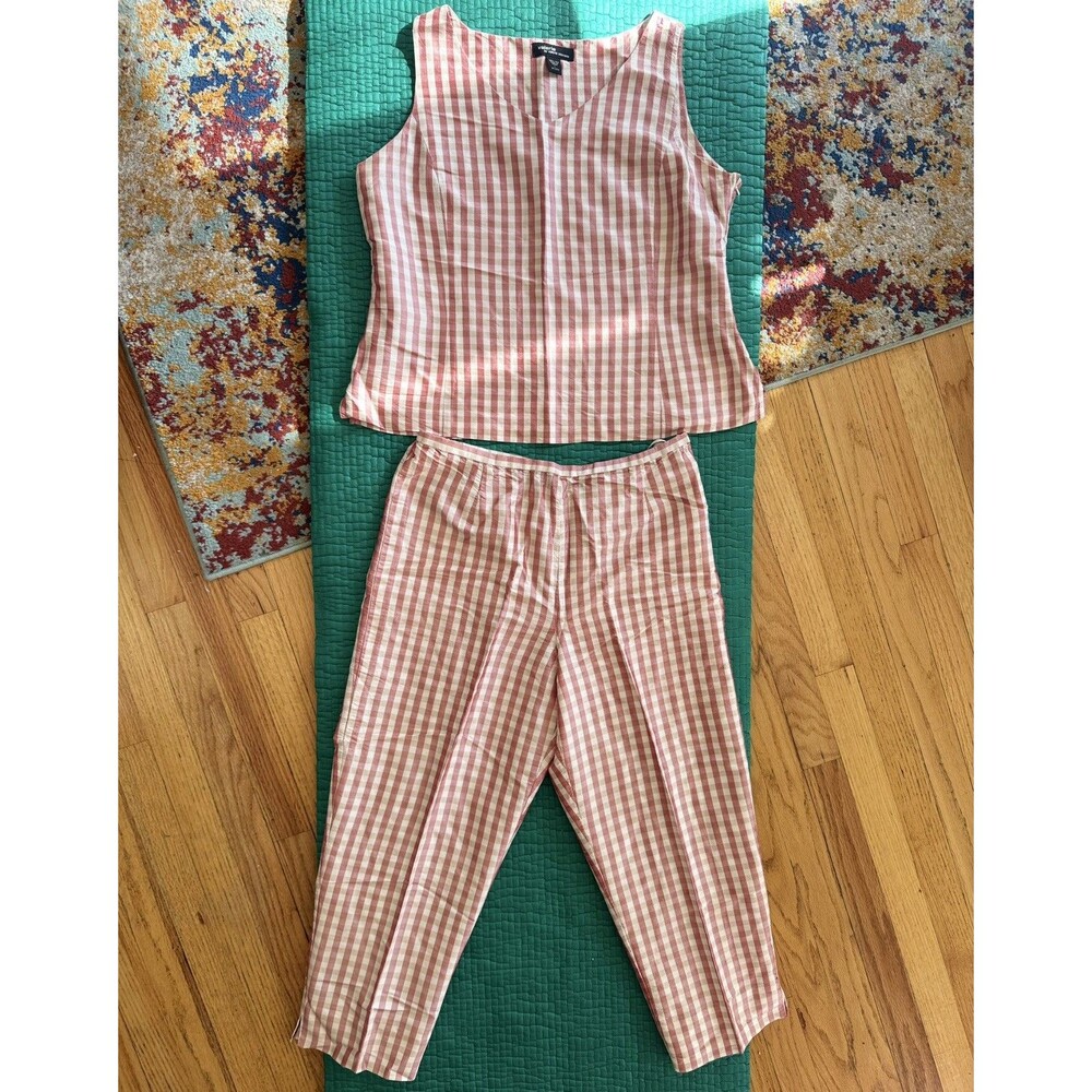Valerie Stevens 100% Pure Silk Vintage 2Pc Set Tank Top+Pants Sz L Gingham Plaid